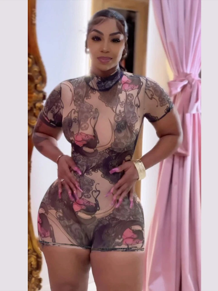 Weird Puss Backless Playsuit Women See Through Shorts Sleeve Peach Buttocks Summer Trend Aesthetic Print Midnight Club Romper
