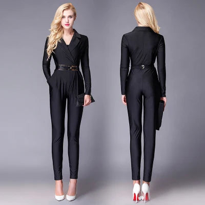 Fashion Women Long Sleeve Sexy V Neck Wide Leg Rompers Belted High Waist Jumpsuits Long Office Ladies Outfits Jumpsuit Colors