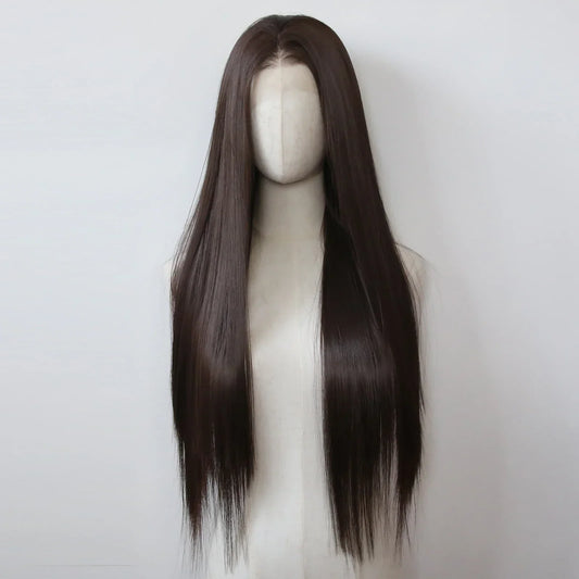 Ashely 13*4 Dark Brown Synthetic Lace Front Wigs Brown Long Straight Lace Front Wig for Women Pre Plucked Natural Hairline