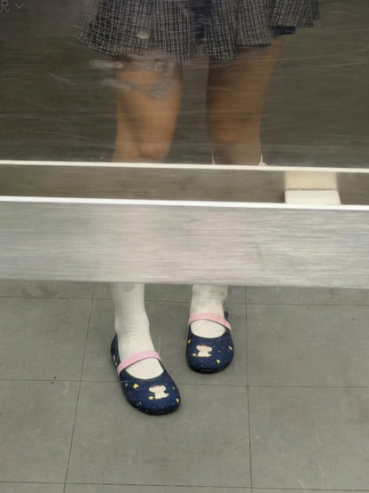 Denim Elephant Print Mary Jane Shoes For Women, Round Toe, Flat Ballet Shoes With a Shallow Neckline