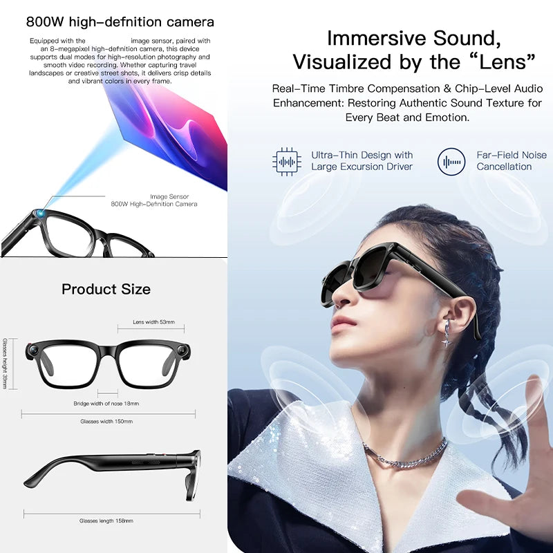2026 New Smart Glasses 800W HD Camera Video Record AI Assistant Touch Control Translation HD Audio 300mAh Battery Smart Glasses