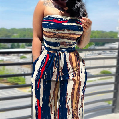 Women's Sexy Strapless One Piece Printed Pants Summer Fashion Lace Up High Waisted Slim Sleeveless Female Beach Holiday Jumpsuit