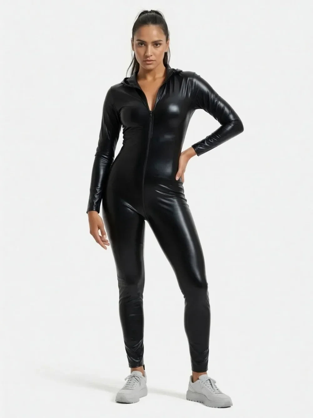 Women's Leather Catsuit Sexy Glossy Zipper Bodysuit Multicolor Mature Long Sleeve Jumpsuit Bodysuit