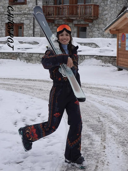 Women's Skiwear Printed With Belt Jumpsuits Winter Female Stand Collar Long Sleeve Zipper Slim Jumpsuit New Ladies Ski Sportwear