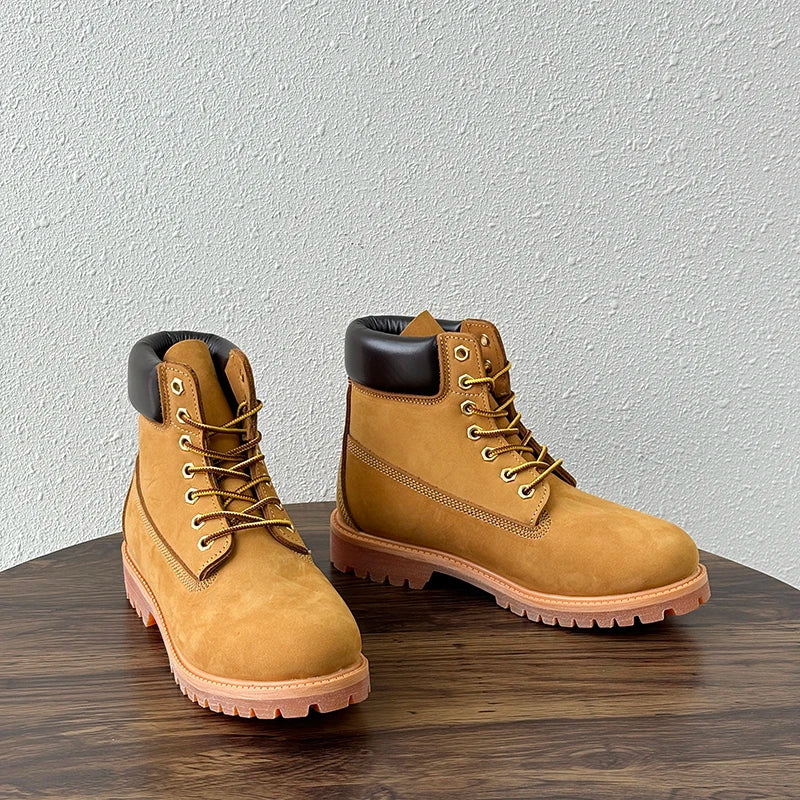 Handmade Genuine Leather Men Shoes Ankle Work Boots Outdoor Hiking Desert Boots Plush Warm Comfortable Snow Boots