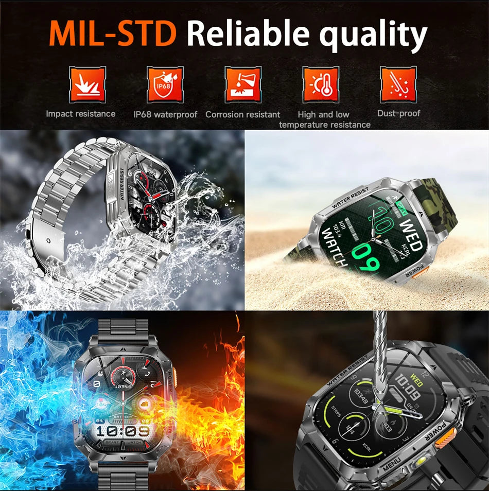 New 1400 mAh Battery Military Smartwatch Men IP68 Waterproof Flashlight Health Monitor Sports Call Smart Watch For iOS Android