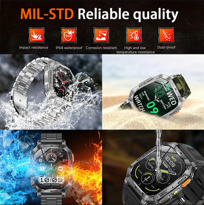 New 1400 mAh Battery Military Smartwatch Men IP68 Waterproof Flashlight Health Monitor Sports Call Smart Watch For iOS Android
