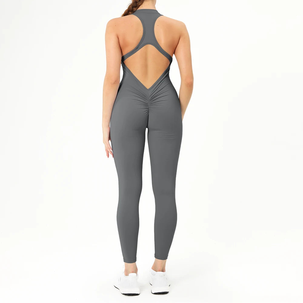 Sport Jumpsuits Women Zipper Fitness Overalls Sexy Backless Gym Bodysuits Scrunch One Piece Suit Workout Clothes Tracksuits