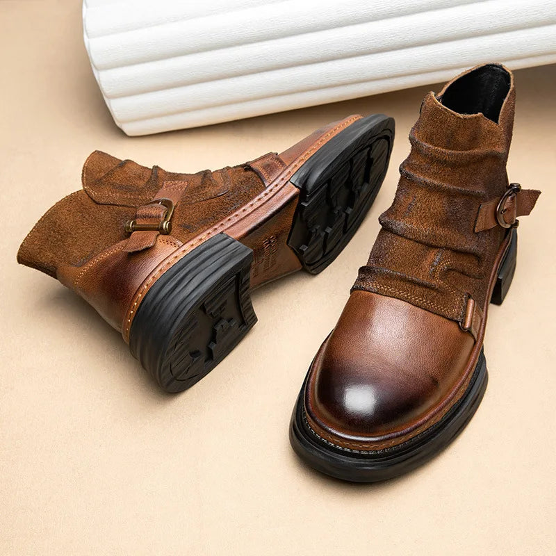 CLAIAMI Handmade Motorcycle Riding Boots Men Retro Cowhide Paratrooper Ankle Boots Platform Leather Zipper Men Shoe Botas Hombre