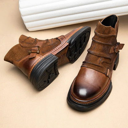 CLAIAMI Handmade Motorcycle Riding Boots Men Retro Cowhide Paratrooper Ankle Boots Platform Leather Zipper Men Shoe Botas Hombre