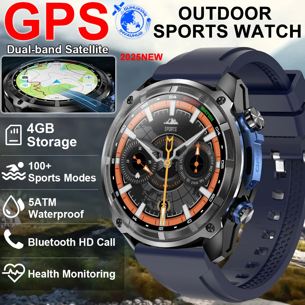 2025 New Tactical Smartwatch Built-in GPS Offline Map 4GB Memory 5ATM IP69K Swimming Waterproof Men Militray Smart Bracele