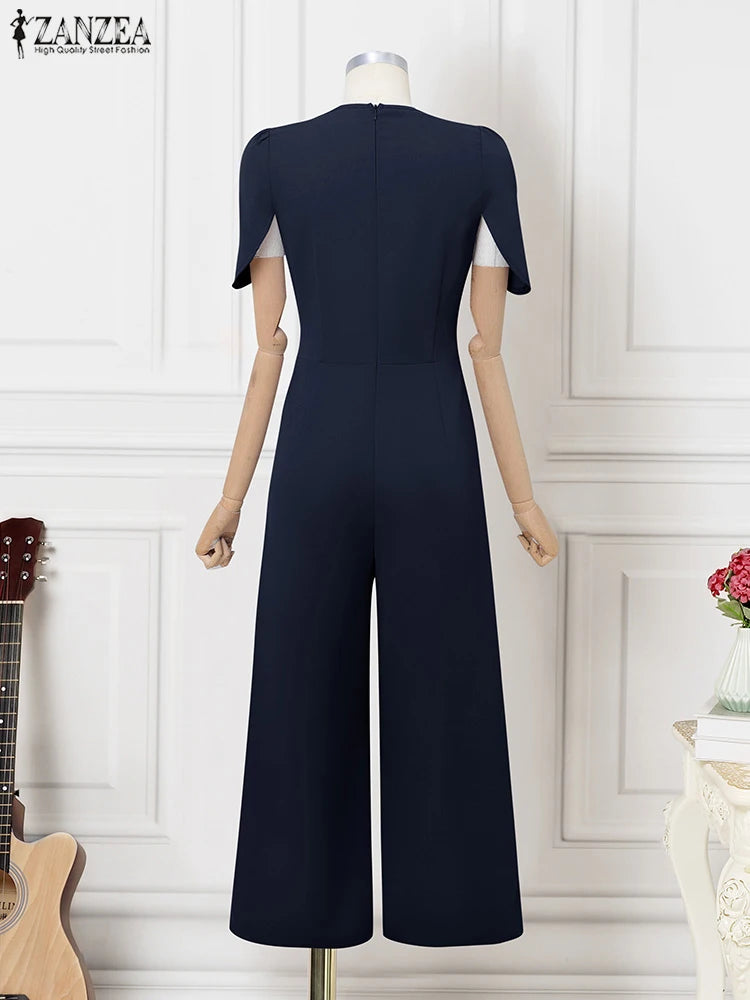 2025 ZANZEA Fashion Summer Women Party Jumpsuits Short Sleeve V-Neck Casual Rompers Playsuits Solid Elegant Pockets Streetwear