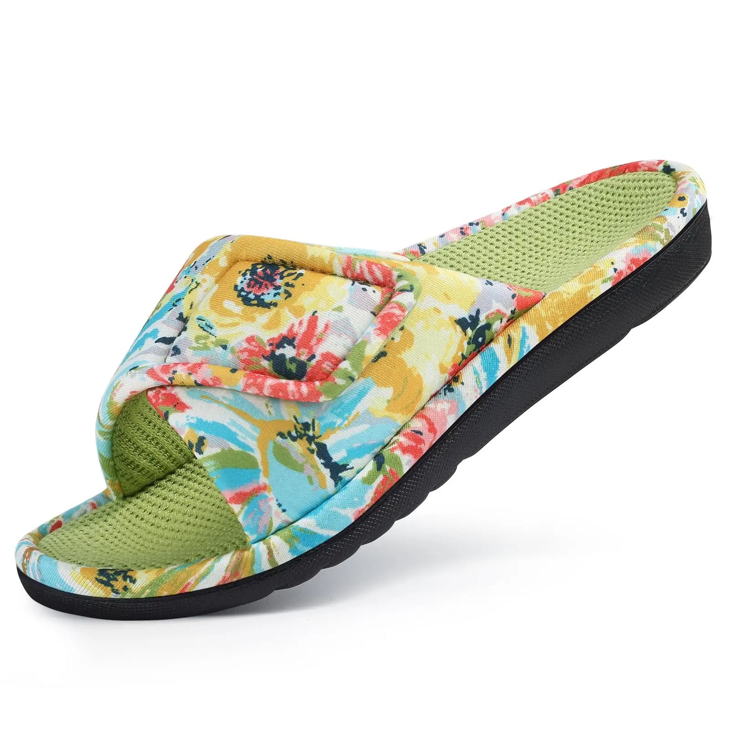 Litfun Winter Cotton Waffle Slippers For Women Breathable Indoor Adjustable Slides Slip On Open Toe Slippers With Arch Support