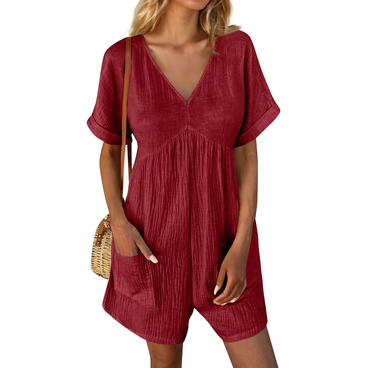 Summer Casual Overalls For Women Loose Ruched Short Sleeve V Neck Shorts Jumpsuits With Pockets Rompers Solid Bib Overall