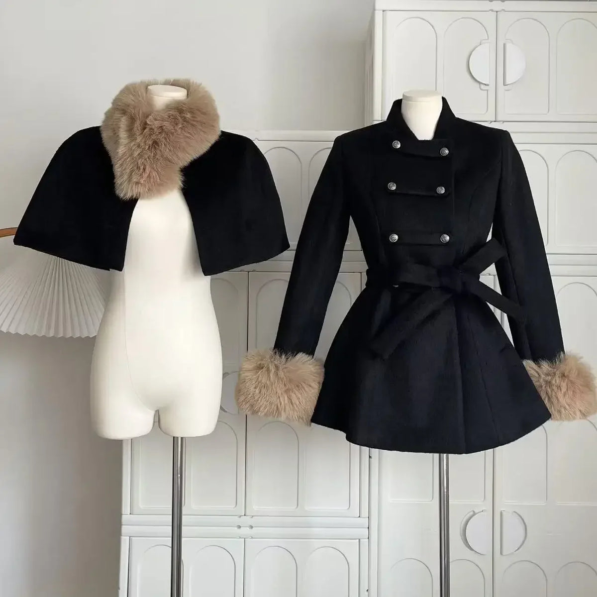 Winter French Vintage Elegant Wool Coat Woman Black Chic Shawl Cloak + Retro Loose Trench Overcoat Female Bandage Design Outfits
