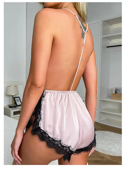 Sexy Adult Womens Clothing Temptation Camisole Shorts Pajamas One-Piece Ice Silk Nightdress Solid Color Print V-Neck Loungewear
