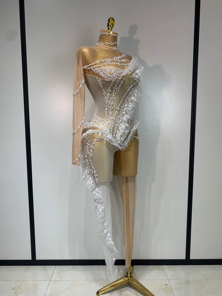Women Sexy See Through Mesh Ruffles Pearls Jumpsuits Nightclub Party Jumpsuits Skinny Rompers Stage Show Singer Dance Outfit