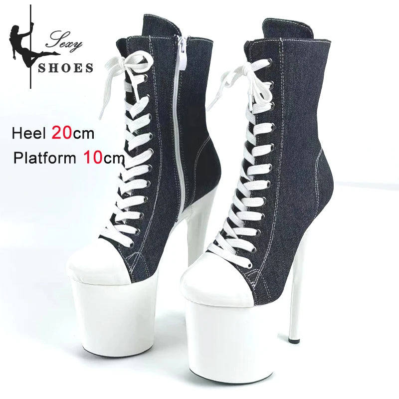 15 17 20cm Super High Nightclub Platform Heels Strappy Canvas Women's  Ankle Boots Sexy Round Toe Pole Dance Shoes Ladies Boots
