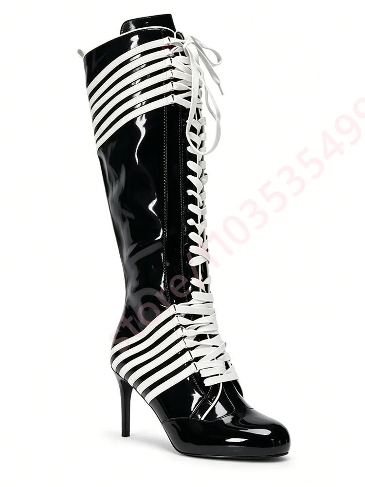 2026 New Black Red Color Block Striped Knee High Boots Women Full Lace Up Thin Stiletto High Heel Fashion Streetwear Long Boots