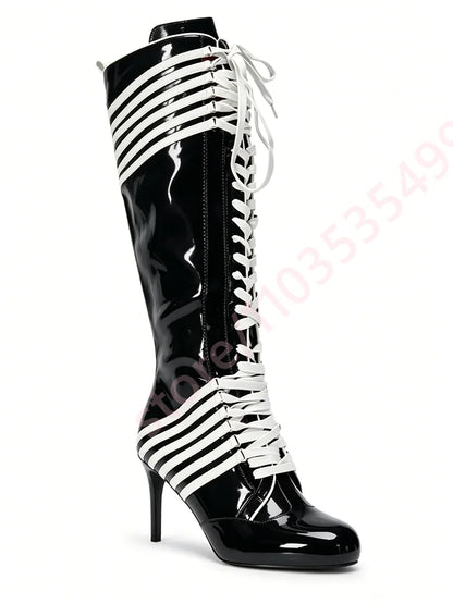 2026 New Black Red Color Block Striped Knee High Boots Women Full Lace Up Thin Stiletto High Heel Fashion Streetwear Long Boots