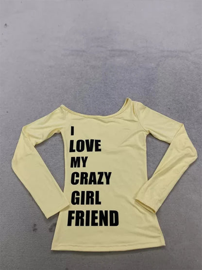 Y2K Women's Long Sleeve T-Shirt American Style Sweet Spicy Letter Print Shoulder Casual Versatile Sexy Spicy Girl INS Style