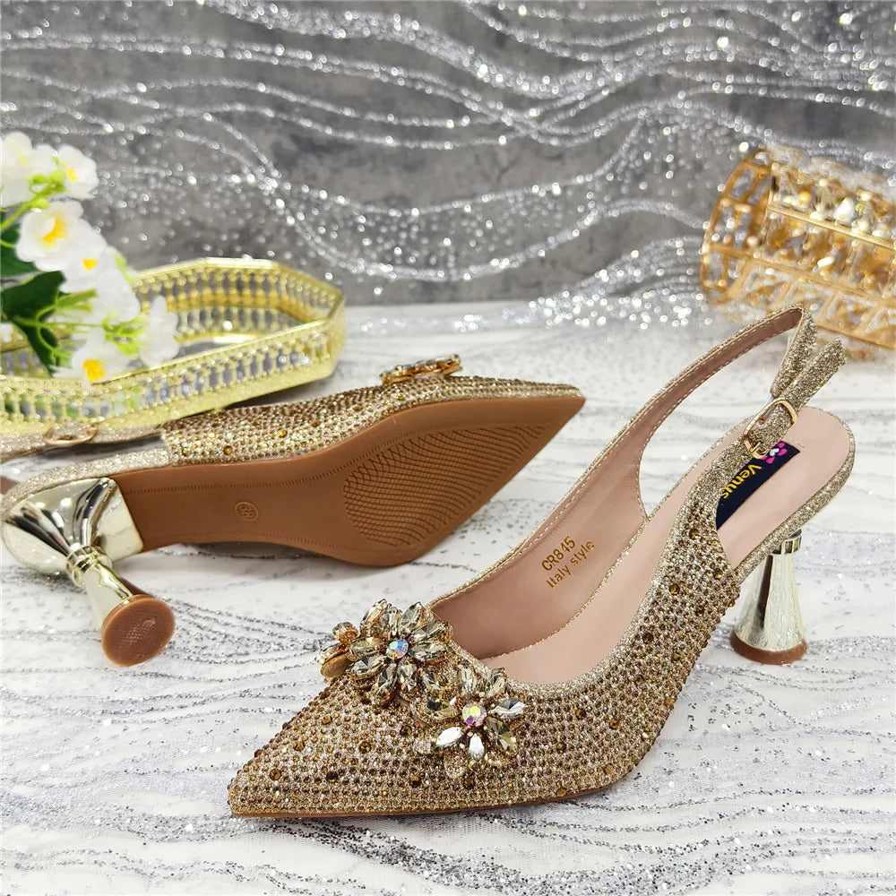 New Fashion Pointed Toe Shoes Heels Elegant Italian Woman Wedding for Party Shoes Women Party Pumps Decorated with Rhinestone