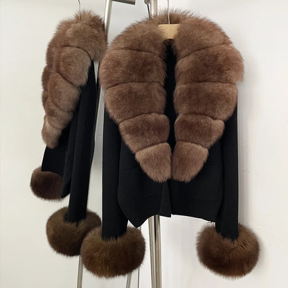 OFTBUY Loose Fit Warm Winter Fashion Lady Outerwear Sweater Female 2025 New Women's Knit Cardigan with Large Real Fox Fur Collar