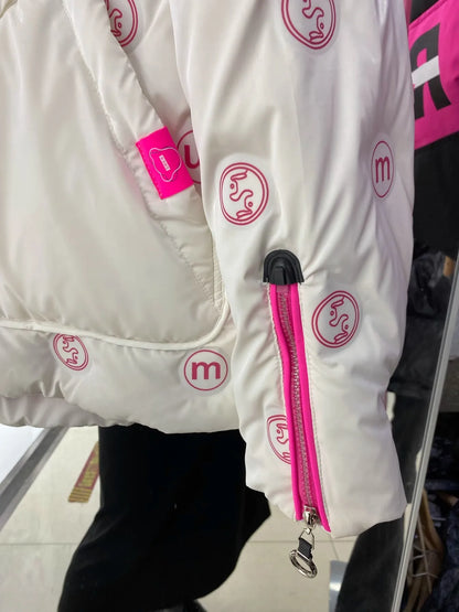 Bright Printed Down Jacket Fashion Hooded Color Block Short Jackets Winter Wash Free Loose Thick 90 White Duck Puffer Coat Women