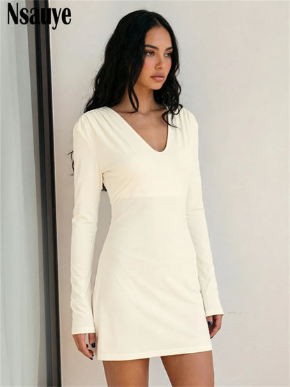 Nsauye Women's Casual Long Sleeve V Neck Slim Dress Women Clothing Elegant Shoulder Pads Short Dresses Vestidos