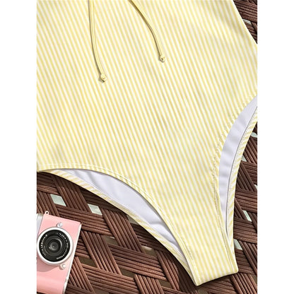 S - XL One Piece Swimsuit Female Frilled High Leg Cut Padded Bather Bathing Suit Swim Striped Plaid V Neck Women Swimwear V8288