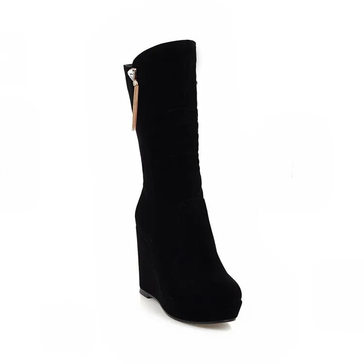2026 Fashion Women Mid Calf Boots Round Toe Wedges 11cm Platform 3cm Decoration 42 43 Sexy Female Bota