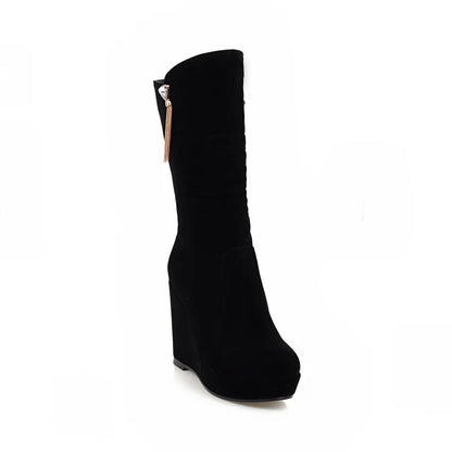 2026 Fashion Women Mid Calf Boots Round Toe Wedges 11cm Platform 3cm Decoration 42 43 Sexy Female Bota