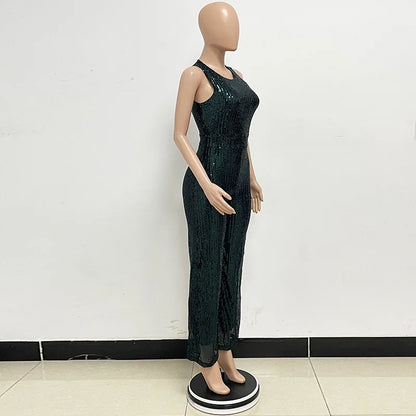 Bling Bling Sequined Club Jumpsuit Sexy Women O-neck Elegant Shiny Sliver Gold Sequins Straight Romper Overalls