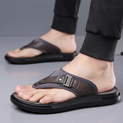 New Trend Men's Flip Flops Leather Beach Sandals Quick Dry Water Shoes Non Slip Summer Slippers Outdoor Slides Walking Sandalias