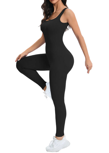 Women Workout Seamless Jumpsuit Yoga Ribbed Bodycon One Piece Tank Top Leggings Romper