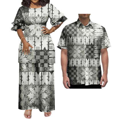 New Wholesale Custom Polynesian Tribal Design Petal Sleeve Samoan Puletasi Set Ptaha Plus Size Women 2 Piece Outfits Sets Dress