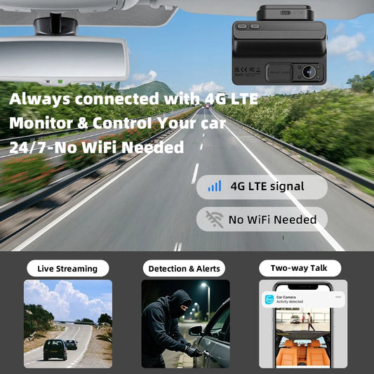 4G LTE Dashcam with Front And Inside Lens Two-Way Talk Car DVR GPS Remote Live-View 24/7 Parking IR Night Vision Security Camera