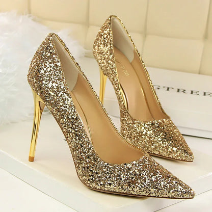 Women Luxury Bling Red  Blue Valentine Party Scarpins Pumps Lady Glitter Sequins 7cm 9.5cm High Heels Designer Shoes Plus Size