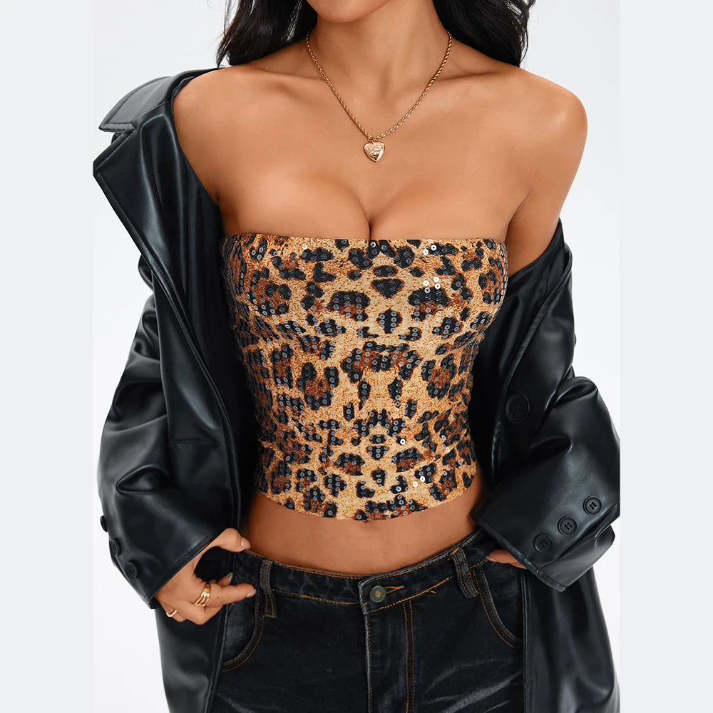 Anfilia Women's Sexy Nightclub Leopard Print Sequin Halter Top, Back Zipper, Slim Fit Inner Tank, Fashionable Y2K Style Tops