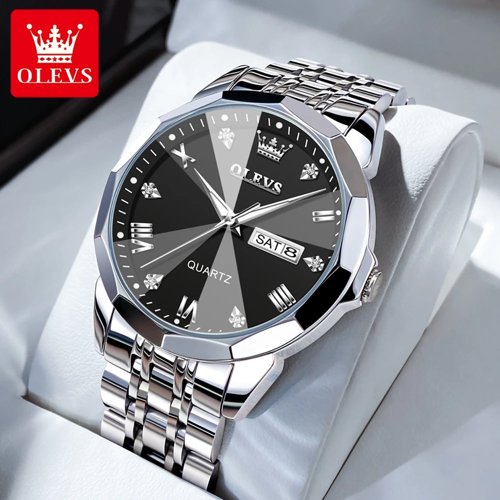 OLEVS Original Waterproof Men's Watches Diamond Mirror Quartz Watch for Man Luminous Stainless Steel Wristwatch Male Date Week