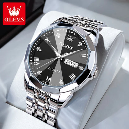 OLEVS Original Waterproof Men's Watches Diamond Mirror Quartz Watch for Man Luminous Stainless Steel Wristwatch Male Date Week