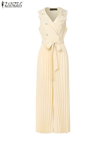 Fashion Women Jumpsuits 2026 ZANZEA Summer Rompers Elegant Wide Leg Work OL Overalls V Neck Sleeveless Pleated Playsuit Trousers