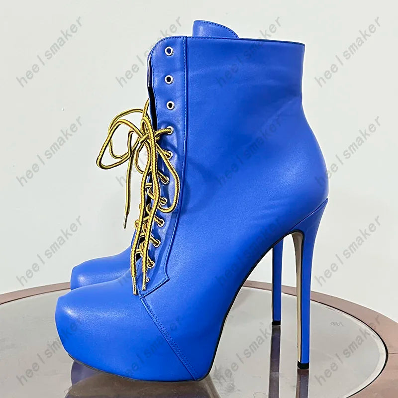 Sukeia Handmade Women Winter Ankle Boots Round Toe Sexy Stiletto Heels Pretty Blue Party Shoes Ladies US Plus Size 5-20