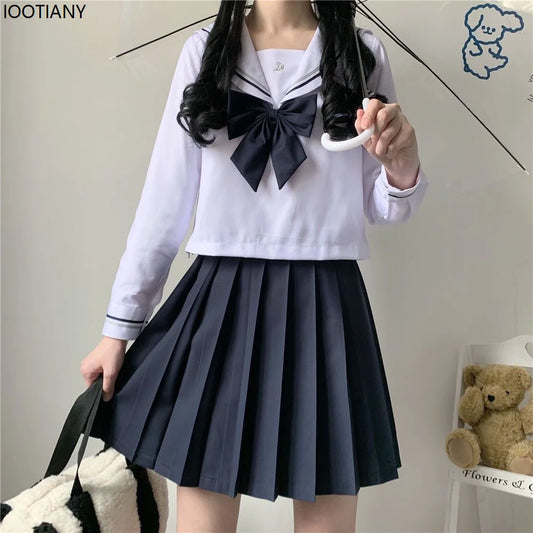 Japanese Female Student Jk Skirt Suit White Basic Style College Style Sailor Suit Bow Pleated Skirt High School Student Uniform
