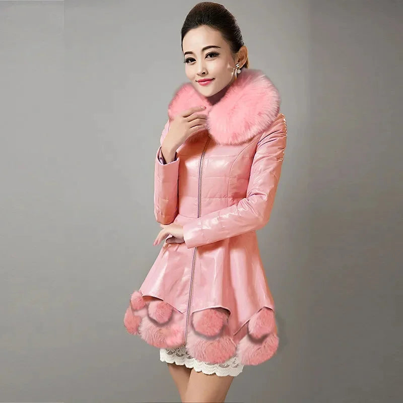 2026 Women Winter Jacket Coat Fashion Leather Cotton Coat Parker Mid Long Imitation Fox Fur Hooded Slim Warm PU Leather Overcoat