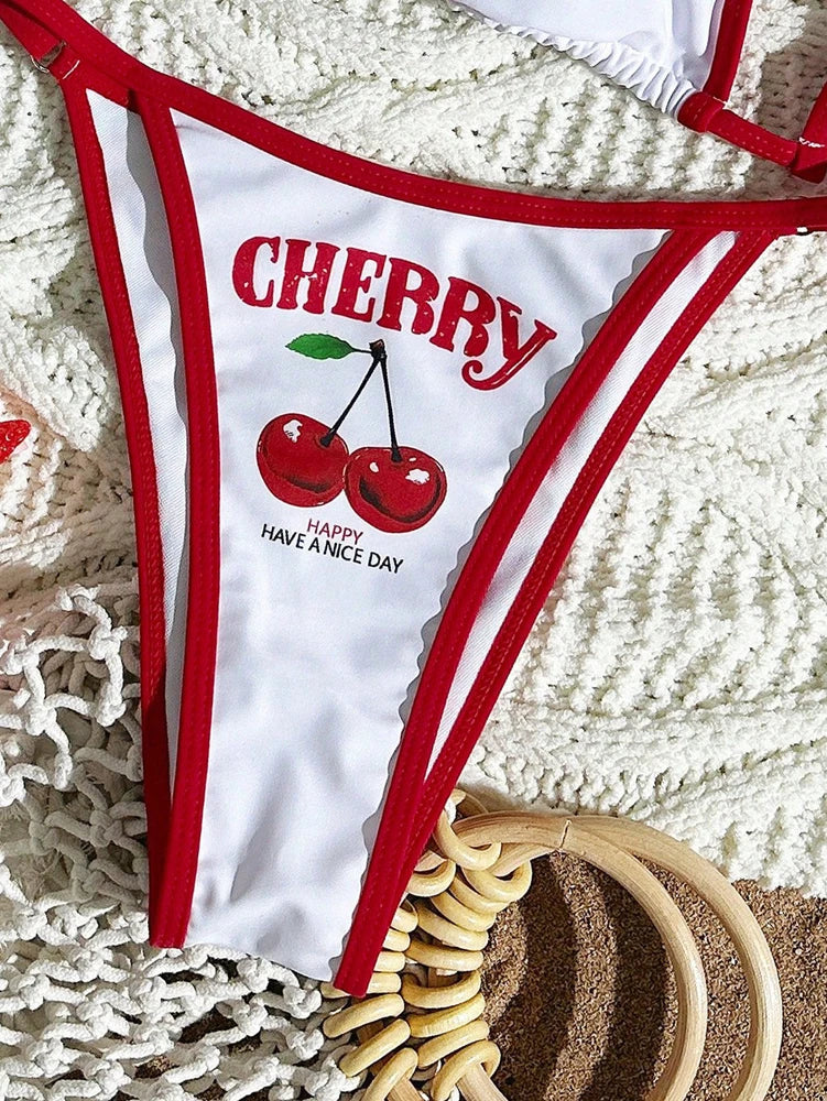 Cute Halter Bikini 3 Pieces Cherry Print 2026 Sexy & Fresh Feeling Bathing Suit Three-Piece Swimsuit Dark Blue Beach Swimwear