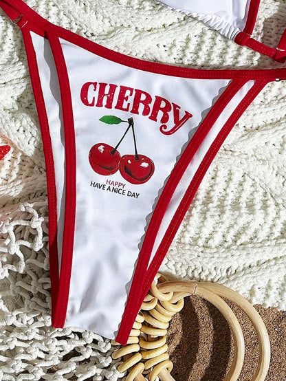 Cute Halter Bikini 3 Pieces Cherry Print 2026 Sexy & Fresh Feeling Bathing Suit Three-Piece Swimsuit Dark Blue Beach Swimwear