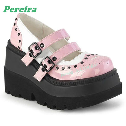 Pink Patchwork Multi-Buckled Ankle Boots Round Toe Gothic Thick Soled Shallow Women's Boots Autumn Summer Cutout Punk Shoes Sexy
