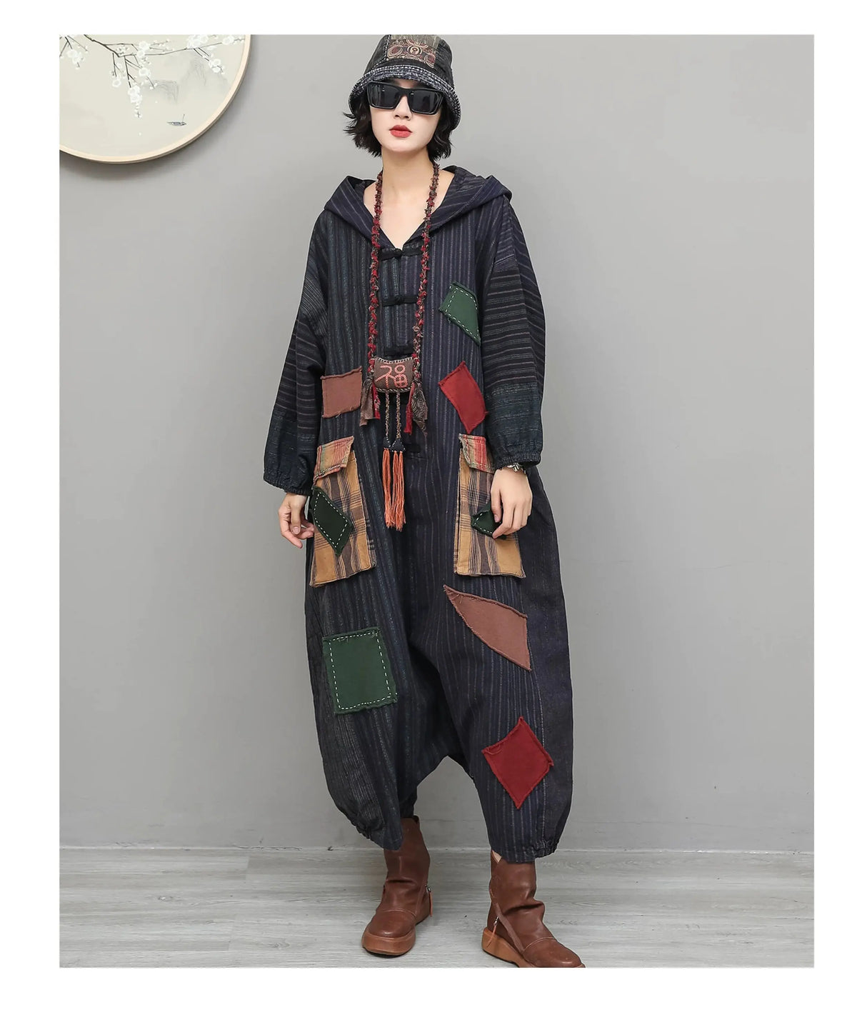 Unique Vintage-style Patchwork Jumpsuit Women Autumn Loose Hooded Long Sleeves Overalls LX6788