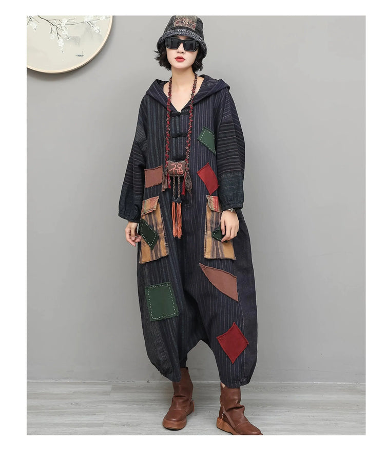 Unique Vintage-style Patchwork Jumpsuit Women Autumn Loose Hooded Long Sleeves Overalls LX6788